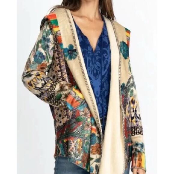 Johnny Was Floral Biya Sherpa Patchwork Hooded Open Waterfall Cardigan Jacket L - Picture 3 of 15